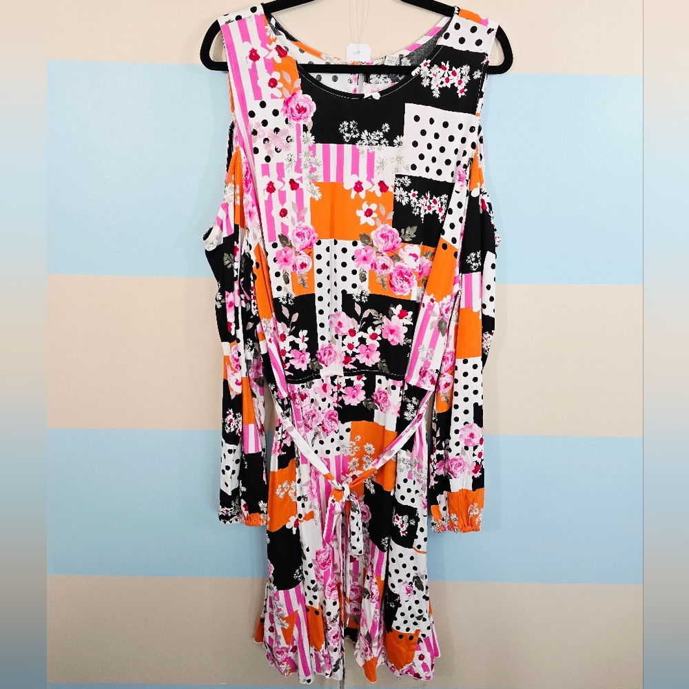 NWT Cato Multicolor Polka-dot Floral Patchwork Cold Shoulder Dress - Picture 4 of 10